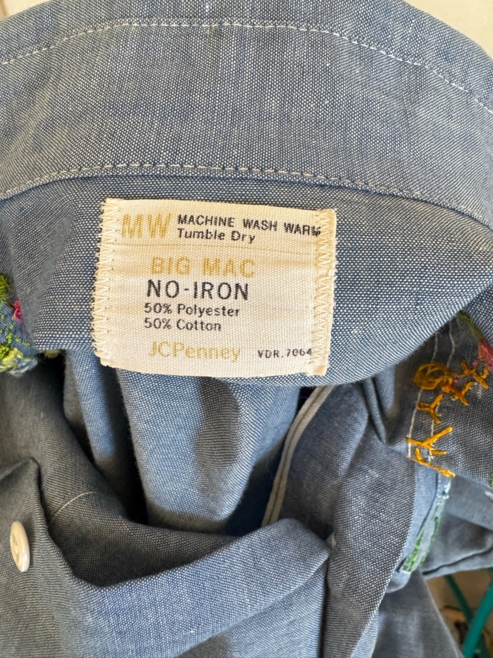 Big Mac JCPenney vintage 1970s chambray hand embroidered shirt men’s XL 70s 60s - Picture 7 of 17